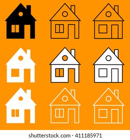 Set of 9 house icon in black, white and contour options