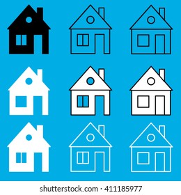Set of 9 house icon in black, white and contour options.