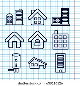 Set of 9 house outline icons such as building, home, house building, lock home
