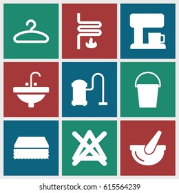 set of 9 household filled icons such as sponge, vacuum cleaner, no bleaching, sink, bucket, hanger, coffee machine