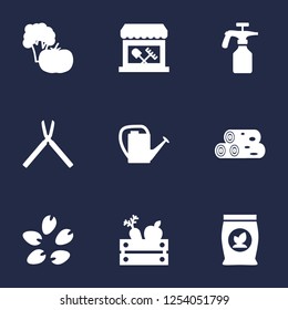 Set of 9 household icons set. Collection of harvest, vegetable, fertilizer and other elements.
