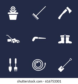 Set Of 9 Household Icons Set.Collection Of Flowerpot, Garden Hose, Axe And Other Elements.