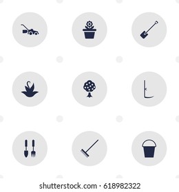 Set Of 9 Household Icons Set.Collection Of Cutter, Plant, Lawn Mower And Other Elements.