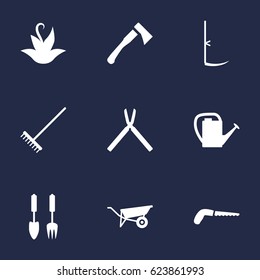 Set Of 9 Household Icons Set.Collection Of Axe, Watering Can, Rake And Other Elements.