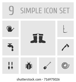 Set Of 9 Household Icons Set.Collection Of Shovel, Tools, Rubber Boots And Other Elements.