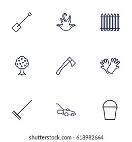 Set Of 9 Household Outline Icons Set.Collection Of Spade, Herb, Hatchet And Other Elements.