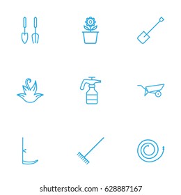 Set Of 9 Household Outline Icons Set.Collection Of Herb, Plant Pot, Spade And Other Elements.