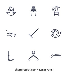 Set Of 9 Household Outline Icons Set.Collection Of Atomizer, Firehose, Harrow And Other Elements.