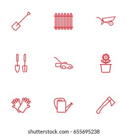 Set Of 9 Household Outline Icons Set.Collection Of Grass-Cutter, Palisade, Bailer And Other Elements.