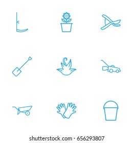 Set Of 9 Household Outline Icons Set.Collection Of Grass-Cutter, Plant Pot, Safer Of Hand Elements.