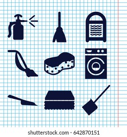 Set of 9 housework filled icons such as broom, dustpan, sponge, washing machine, vacuum cleaner