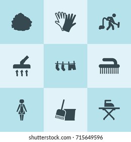 Set of 9 housework filled icons such as bucket and broom, vacuum cleaner, gloves, garbage stock, drying clothes, clean brush, man with vacuum cleaner, ironing
