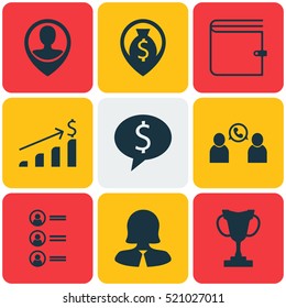 Set Of 9 Hr Icons. Can Be Used For Web, Mobile, UI And Infographic Design. Includes Elements Such As Wallet, List, Call And More.