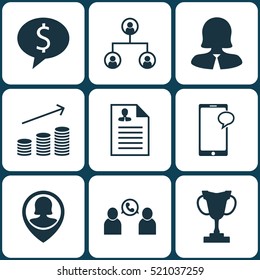 Set Of 9 Hr Icons. Can Be Used For Web, Mobile, UI And Infographic Design. Includes Elements Such As Chat, User, Structure And More.