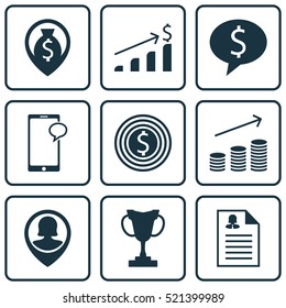 Set Of 9 Hr Icons. Can Be Used For Web, Mobile, UI And Infographic Design. Includes Elements Such As Increase, Map, Phone And More.