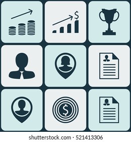Set Of 9 Hr Icons. Can Be Used For Web, Mobile, UI And Infographic Design. Includes Elements Such As Money, Profile, Resume And More.