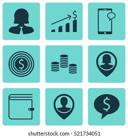 Set Of 9 Hr Icons. Can Be Used For Web, Mobile, UI And Infographic Design. Includes Elements Such As Pin, Purse, Profile And More.