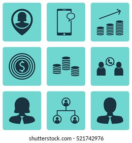 Set Of 9 Hr Icons. Can Be Used For Web, Mobile, UI And Infographic Design. Includes Elements Such As Structure, Pin, Profile And More.