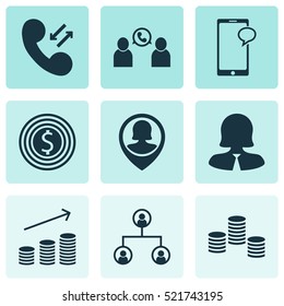 Set Of 9 Hr Icons. Can Be Used For Web, Mobile, UI And Infographic Design. Includes Elements Such As Phone, Pin, Cellular And More.
