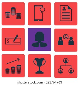 Set Of 9 Hr Icons. Can Be Used For Web, Mobile, UI And Infographic Design. Includes Elements Such As Bank, Male, Stacked And More.
