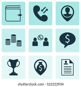 Set Of 9 Hr Icons. Can Be Used For Web, Mobile, UI And Infographic Design. Includes Elements Such As Wallet, Purse, Trophy And More.