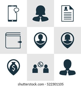 Set Of 9 Hr Icons. Can Be Used For Web, Mobile, UI And Infographic Design. Includes Elements Such As User, Purse, Cash And More.
