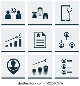 Set Of 9 Hr Icons. Can Be Used For Web, Mobile, UI And Infographic Design. Includes Elements Such As List, Dollar, Call And More.