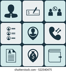 Set Of 9 Hr Icons. Can Be Used For Web, Mobile, UI And Infographic Design. Includes Elements Such As Male, Cash, Profile And More.