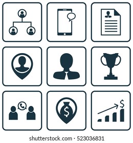 Set Of 9 Hr Icons. Can Be Used For Web, Mobile, UI And Infographic Design. Includes Elements Such As Trophy, Career, Tree And More.