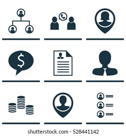 Set Of 9 Hr Icons. Can Be Used For Web, Mobile, UI And Infographic Design. Includes Elements Such As Business Deal, Phone Conference, Tree Structure And More.