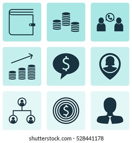 Set Of 9 Hr Icons. Can Be Used For Web, Mobile, UI And Infographic Design. Includes Elements Such As Business Goal, Coins Growth, Money And More.
