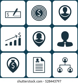 Set Of 9 Hr Icons. Can Be Used For Web, Mobile, UI And Infographic Design. Includes Elements Such As Money Navigation, Employee Location, Manager And More.