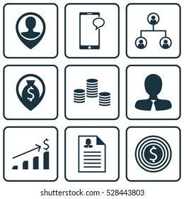 Set Of 9 Hr Icons. Can Be Used For Web, Mobile, UI And Infographic Design. Includes Elements Such As Employee Location, Money, Female Application And More.