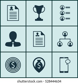 Set Of 9 Hr Icons. Can Be Used For Web, Mobile, UI And Infographic Design. Includes Elements Such As Tree Structure, Messaging, Money Navigation And More.