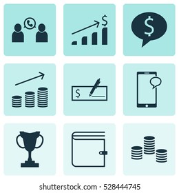 Set Of 9 Hr Icons. Can Be Used For Web, Mobile, UI And Infographic Design. Includes Elements Such As Business Deal, Money, Successful Investment And More.