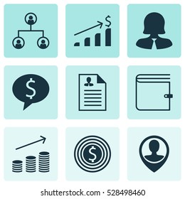 Set Of 9 Hr Icons. Can Be Used For Web, Mobile, UI And Infographic Design. Includes Elements Such As Wallet, Curriculum Vitae, Tree Structure And More.