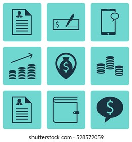 Set Of 9 Hr Icons. Can Be Used For Web, Mobile, UI And Infographic Design. Includes Elements Such As Wallet, Coins Growth, Business Deal And More.