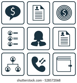Set Of 9 Hr Icons. Can Be Used For Web, Mobile, UI And Infographic Design. Includes Elements Such As Cellular Data, Curriculum Vitae, Business Goal And More.