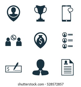 Set Of 9 Hr Icons. Can Be Used For Web, Mobile, UI And Infographic Design. Includes Elements Such As Tournament, Phone Conference, Female Application And More.