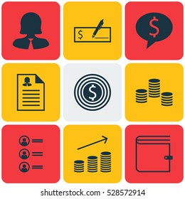 Set Of 9 Hr Icons. Can Be Used For Web, Mobile, UI And Infographic Design. Includes Elements Such As Business Woman, Money, Business Goal And More.
