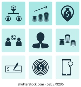 Set Of 9 Hr Icons. Can Be Used For Web, Mobile, UI And Infographic Design. Includes Elements Such As Business Goal, Bank Payment, Tree Structure And More.