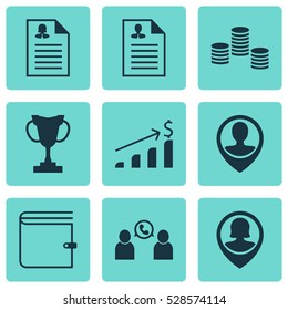 Set Of 9 Hr Icons. Can Be Used For Web, Mobile, UI And Infographic Design. Includes Elements Such As Phone Conference, Wallet, Employee Location And More.