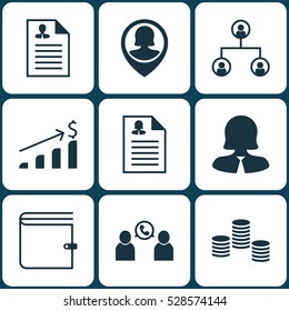 Set Of 9 Hr Icons. Can Be Used For Web, Mobile, UI And Infographic Design. Includes Elements Such As Phone Conference, Wallet, Pin Employee And More.