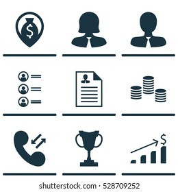 Set Of 9 Hr Icons. Can Be Used For Web, Mobile, UI And Infographic Design. Includes Elements Such As Money, Successful Investment, Business Woman And More.