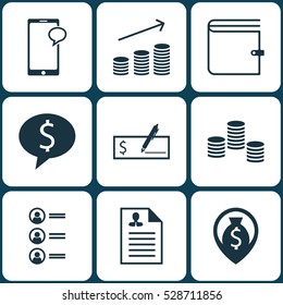Set Of 9 Hr Icons. Can Be Used For Web, Mobile, UI And Infographic Design. Includes Elements Such As Money, Messaging, Wallet And More.