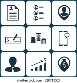 Set Of 9 Hr Icons. Can Be Used For Web, Mobile, UI And Infographic Design. Includes Elements Such As Employee Location, Money Navigation, Messaging And More.