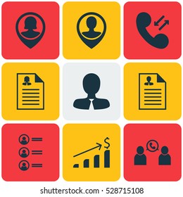 Set Of 9 Hr Icons. Can Be Used For Web, Mobile, UI And Infographic Design. Includes Elements Such As Female Application, Employee Location, Curriculum Vitae And More.