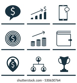 Set Of 9 Hr Icons. Can Be Used For Web, Mobile, UI And Infographic Design. Includes Elements Such As Wallet, Successful Investment, Money Navigation And More.