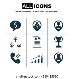 Set Of 9 Hr Icons. Includes Business Deal, Money Navigation, Tree Structure And Other Symbols. Beautiful Design Elements.