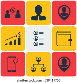 Set Of 9 Hr Icons. Includes Wallet, Phone Conference, Tree Structure And Other Symbols. Beautiful Design Elements.